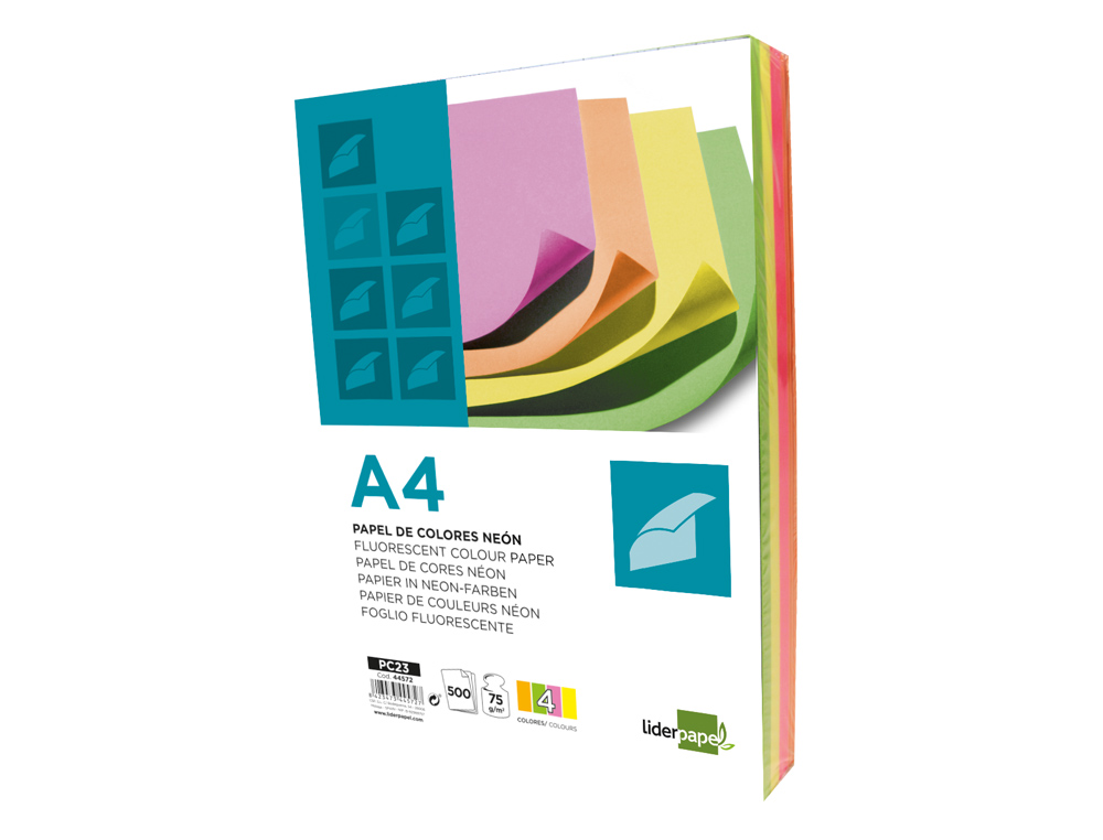 Papel De Cor Liderpapel Din A4 75 Gr Pack De 500 Quatro Cores Neon Sortidas Papelaria Wook 6559