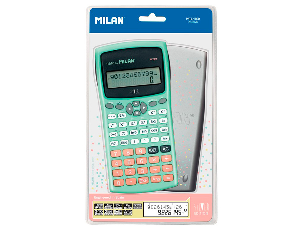 Calculadora Milan Cientifíca m240 Silver 2 Linhas 240 Funcões 10+2 Digitos Cor Verde Turquesa com Tampa Cor Prata ( Imagem 5 de 6 ) - Preview
