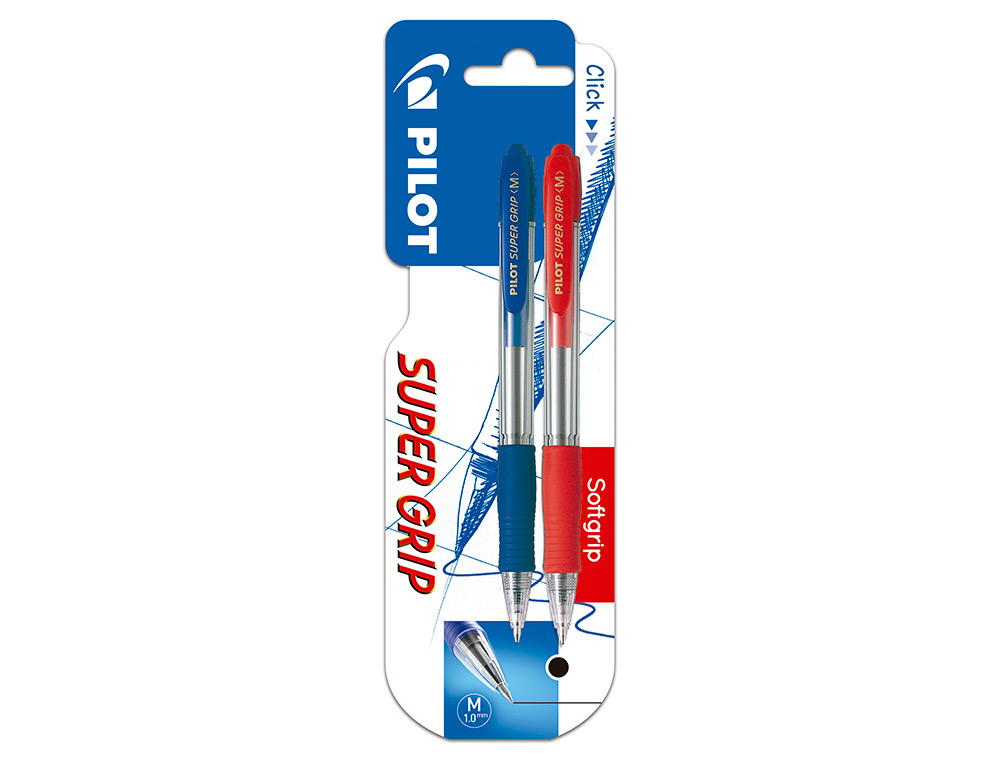 Esferografica pilot super grip retratil apoio em borracha tinta de oleo em blister de 2 unidades 1 azul e 1 vermelho ( Imagem 2 de 7 ) - Preview