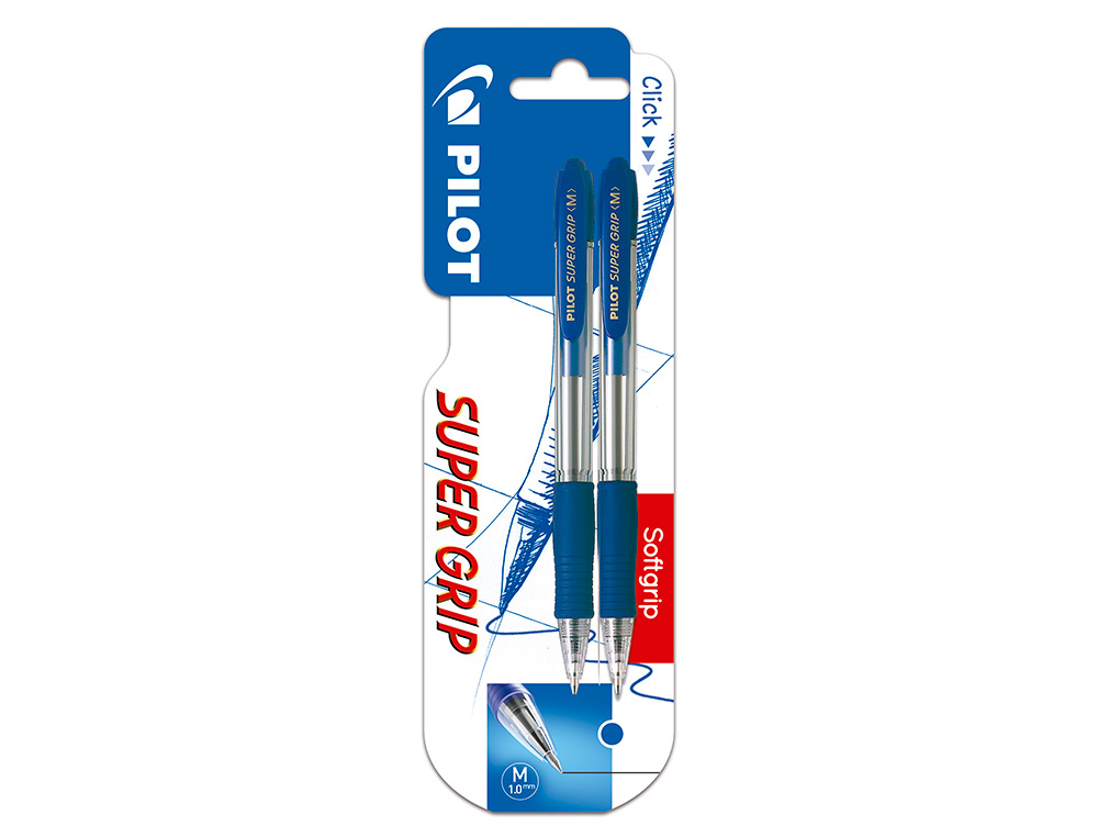 Esferografica pilot super grip azul retratil apoio em borracha tinta de oleo em blister de 2 unidades ( Imagem 2 de 6 ) - Preview