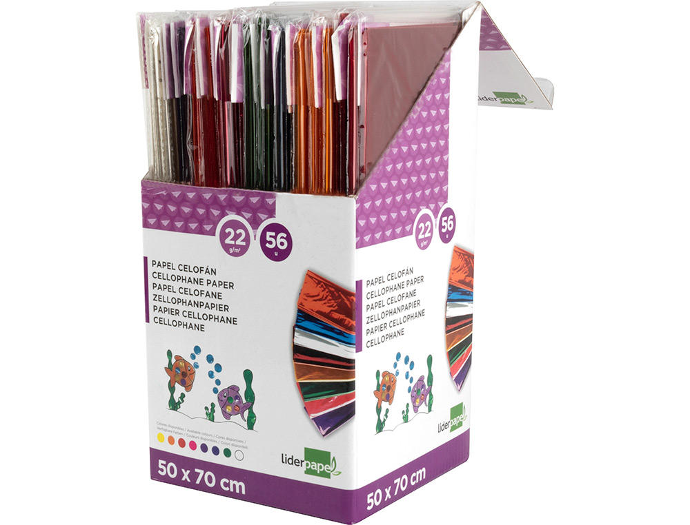 Papel celofane liderpapel 50x70 expositor 56 bolsas de 5 folhas 8 cores sortidas ( Imagem 3 de 6 ) - Preview
