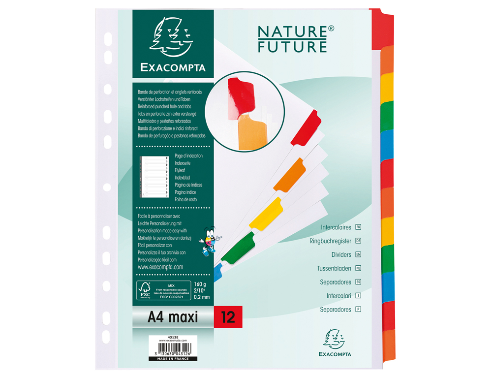 Separador exacompta cartolina branco conjunto de 12 separadores pestanas coloridas a4+ multiperfurado ( Imagem 2 de 6 ) - Preview