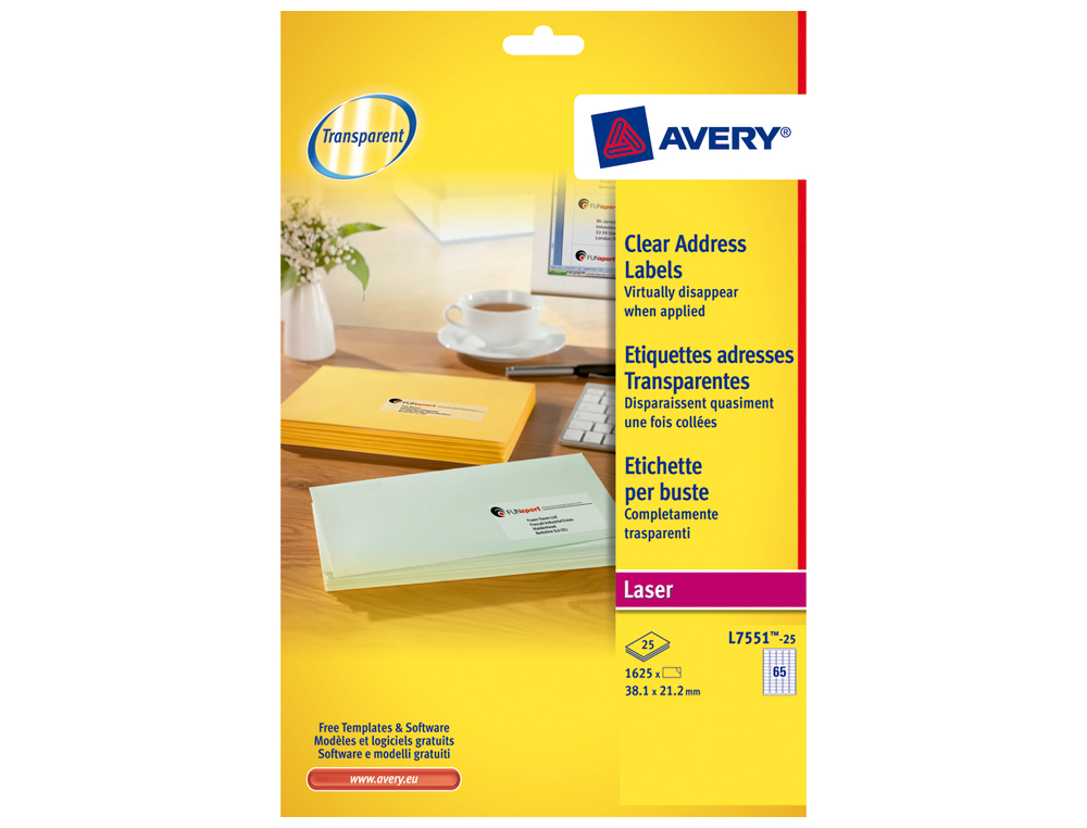 Etiquetas adesivas avery din a4 imprimiveis transparente 38,1x21,2 mm caixa de 25 folhas com 1625 etiquetas ( Imagem 5 de 10 ) - Preview
