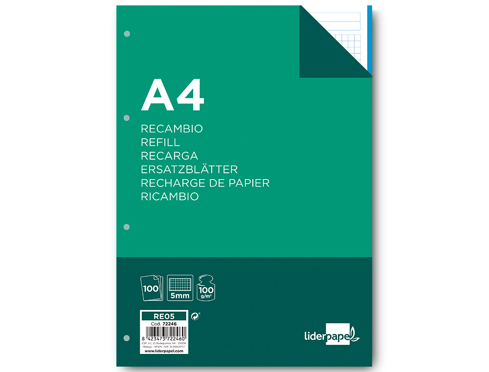 Recarga liderpapel din a4 100 f 100 gr quadricula5 mm sem margen 4 furos bandas de 5 cores ( Imagem 4 de 13 ) - Preview