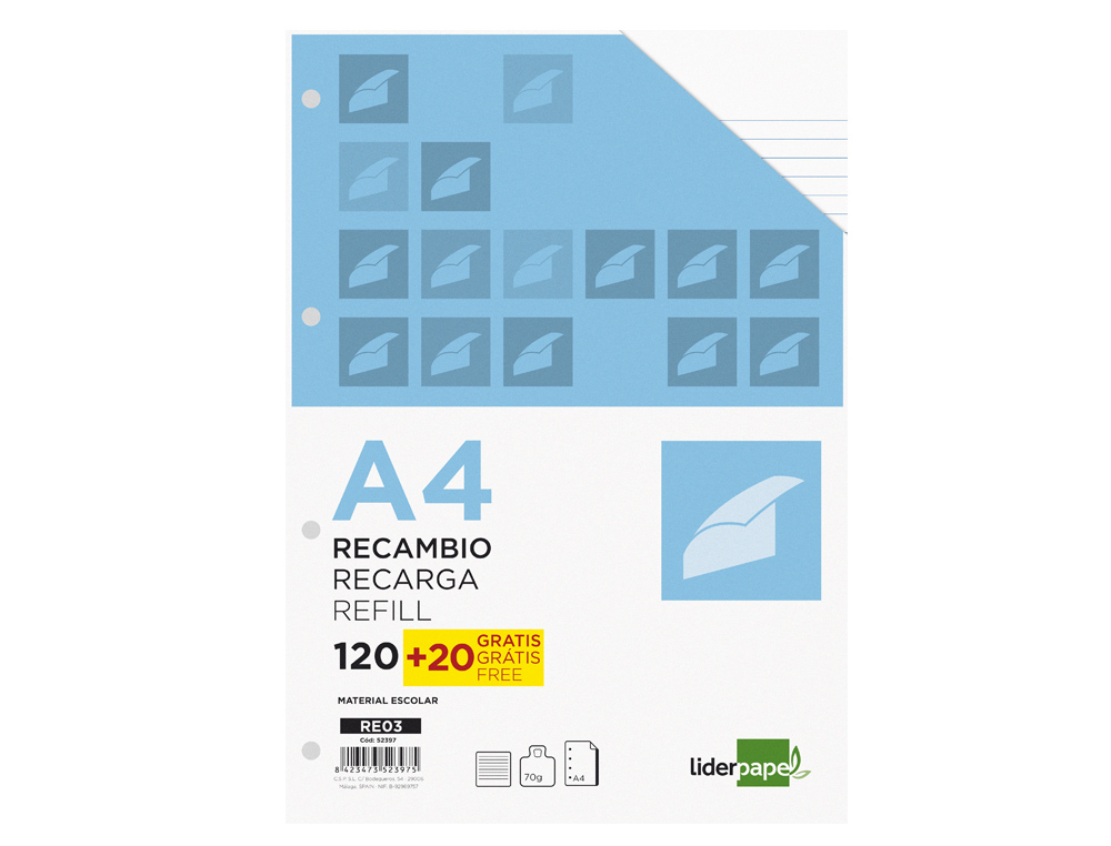 Recarga Liderpapel Din.A4 120+20 Folhas - Pautado, 4 Furos, Sem Margem, Bandas 5 Cores, Papel 70gr ( Imagem 3 de 6 ) - Preview