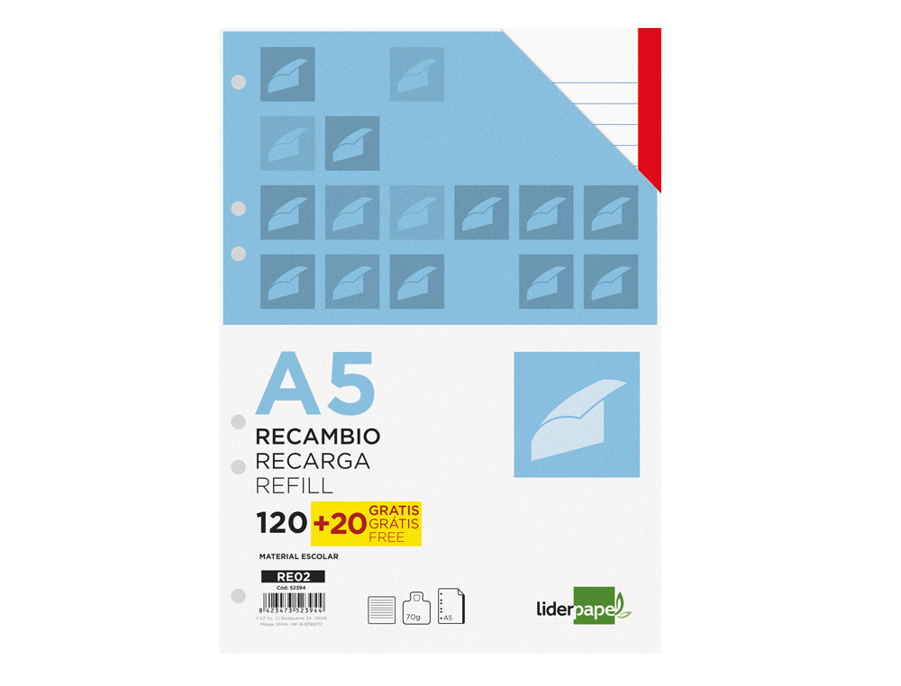 Recarga liderpapel din a5 120+20 f horizontal 6 furos sem margem bandas 5 cores papel 70 gr ( Imagem 3 de 6 ) - Preview