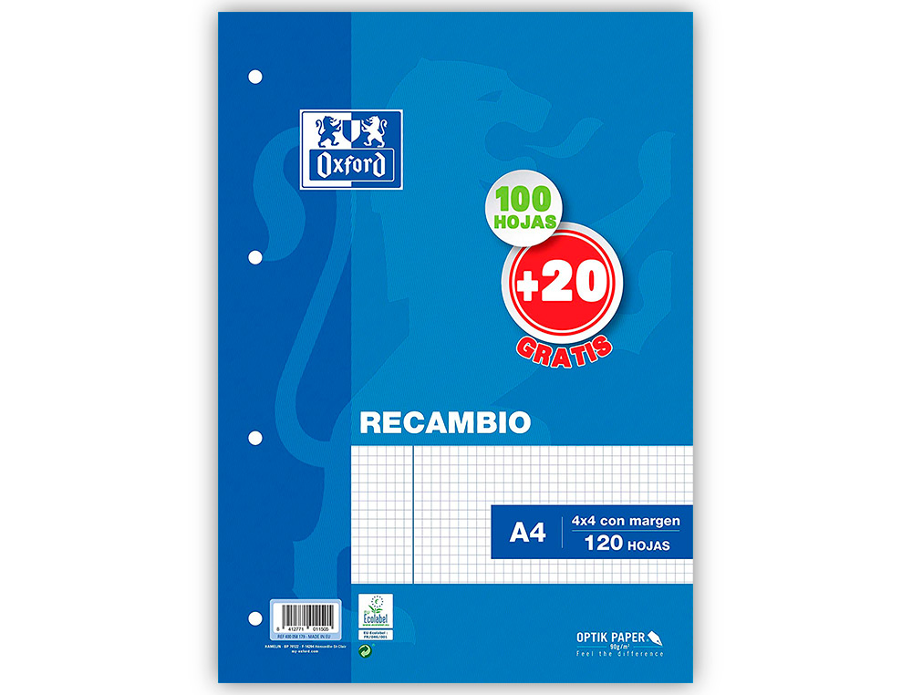 Recarga Oxford Din A4 100 + 20 folhas Grátis 90 gr Quadricula 4 mm 4 Furos ( Imagem 3 de 6 ) - Preview