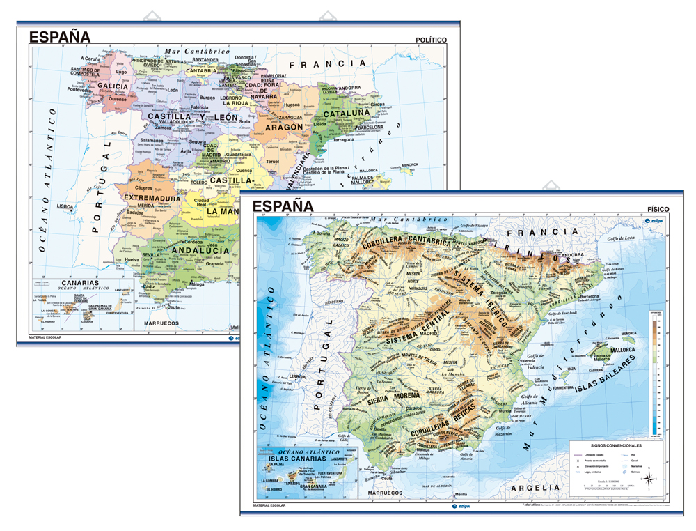 Mapa mural de espanha fisico/politico 140 x 100 cm