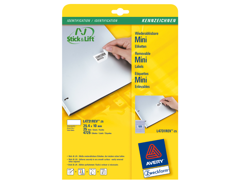 Etiquetas adesivas din a4 removiveis, pack de 25, 25,4 x 10 mm ( Imagem 4 de 6 ) - Preview