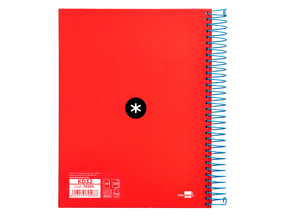 Spiral notebook, Liderpapel Din A5, Antarctica brand, 120 sheets, 100gsm paper, 5mm grid, 5 color bands, red color. ( Imagem 4 de 12 ) - Preview