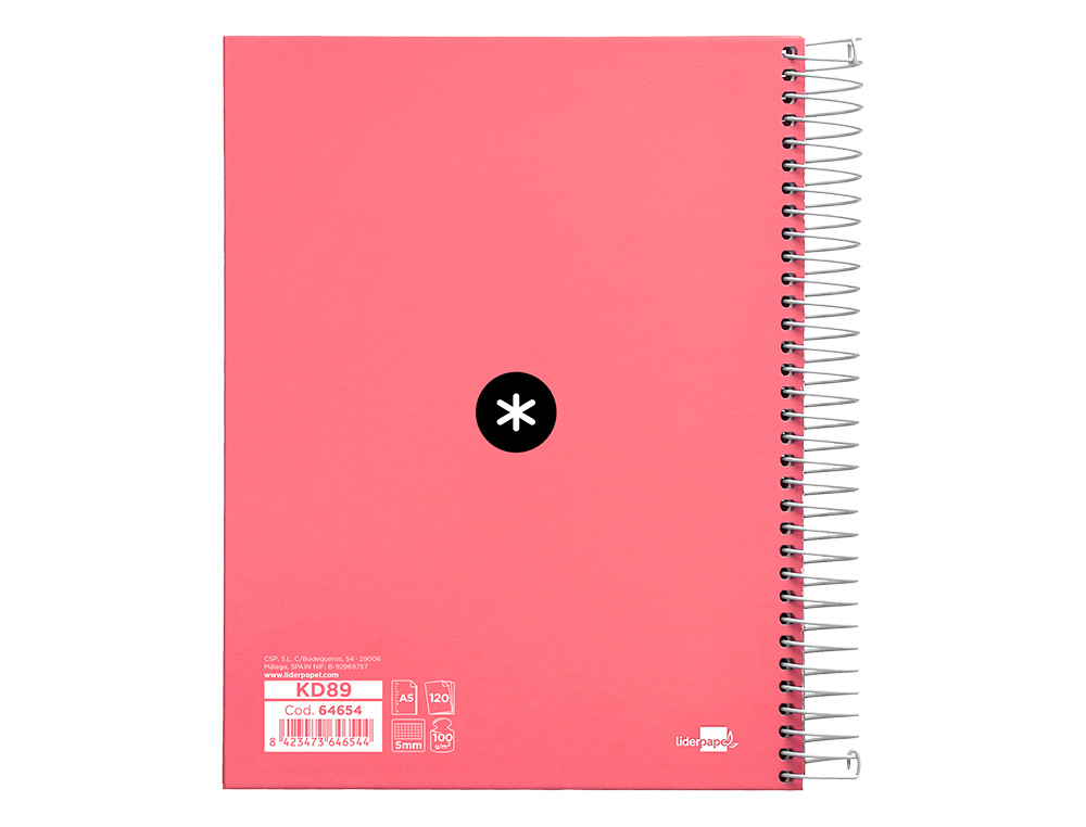 Spiral notebook, Liderpapel Din A5, Antarctica brand, 120 sheets, 100 gsm paper, 5 mm grid, 5 colored bands, coral color. ( Imagem 3 de 12 ) - Preview