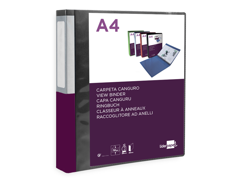 Carpeta liderpapel canguro 2 anillas 25 mm mixtas polipropileno din a4 negro opaco ( Imagem 4 de 10 ) - Preview