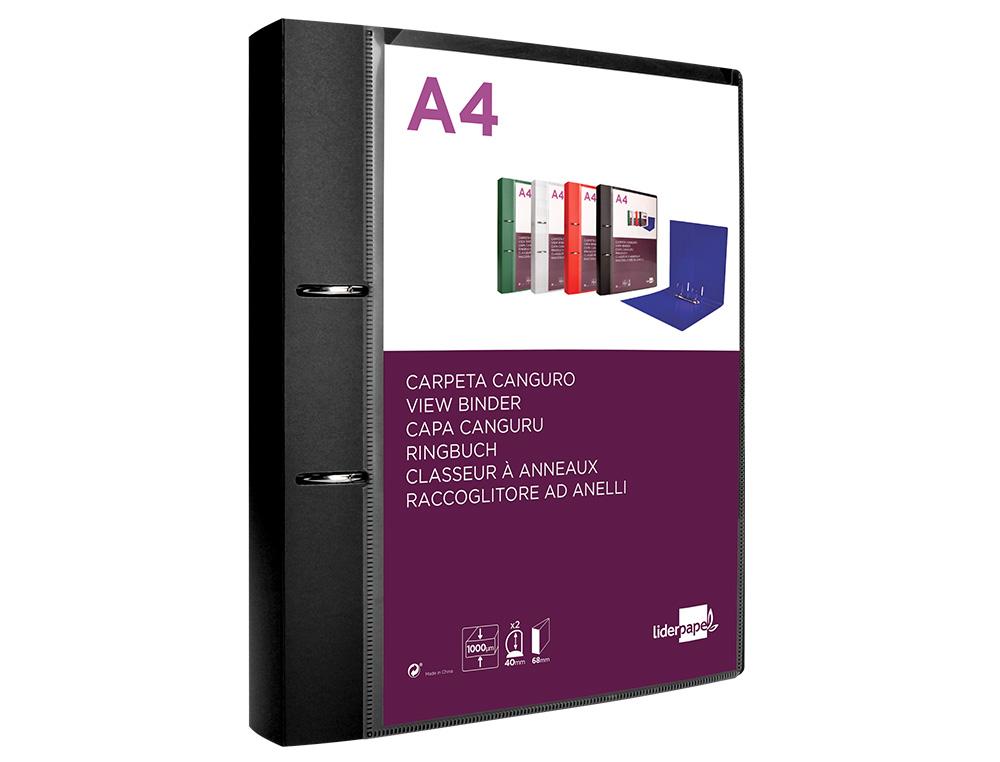 Carpeta liderpapel canguro 2 anillas 40 mm mixtas polipropileno din a4 negro opaco ( Imagem 3 de 23 ) - Preview