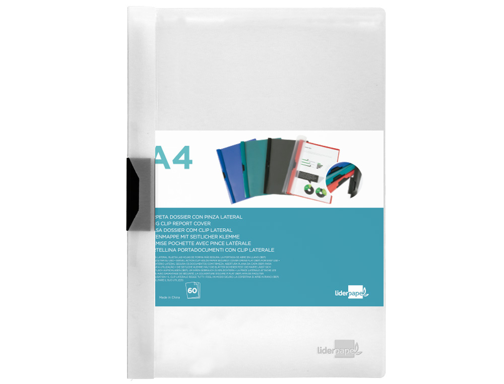 Bolsa dossier liderpapel com clip lateral din a4 transparente 60 folhas ( Imagem 2 de 7 ) - Preview