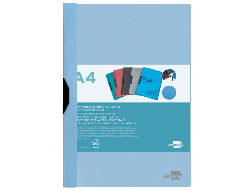 Bolsa dossier liderpapel com clip lateral din a4 celeste opaco 30 folhas ( Imagem 2 de 7 ) - Preview