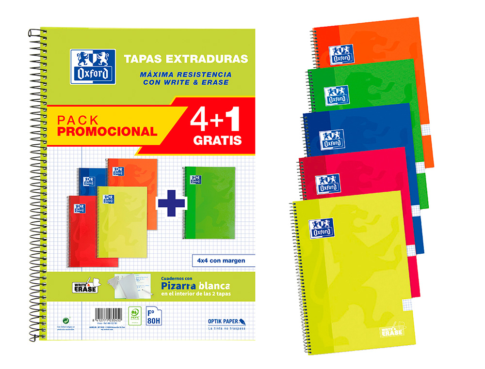 Caderno espiral oxford capa extradura folio 80 folhas quadricula 4 mm write&erase quadro pack 4+1 unidades cores vivas ( Imagem 2 de 4 ) - Preview