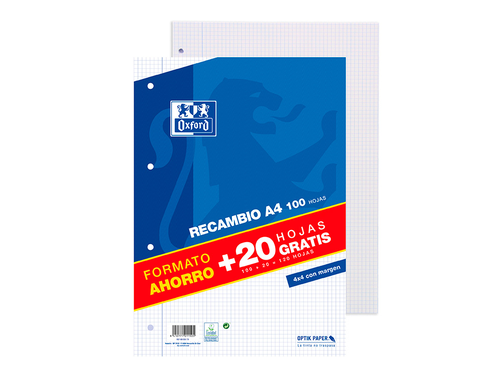 Recarga Oxford Din A4 100 + 20 folhas Grátis 90 gr Quadricula 4 mm 4 Furos ( Imagem 2 de 6 ) - Preview