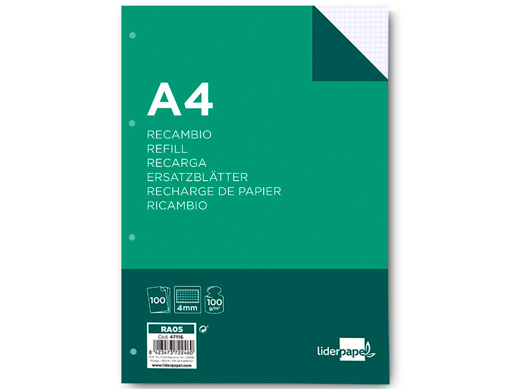 Recarga liderpapel din a4 100 folhas 100g/m2 quadricula 4mm com margem 4 furos ( Imagem 4 de 24 ) - Preview