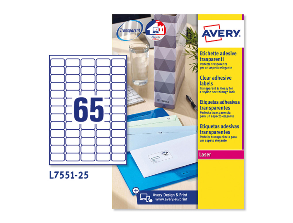 Etiquetas adesivas avery din a4 imprimiveis transparente 38,1x21,2 mm caixa de 25 folhas com 1625 etiquetas ( Imagem 3 de 10 ) - Preview