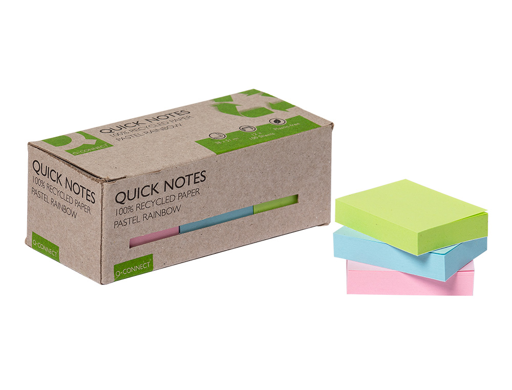 Bloco de notas adesivas q-connect 38x51 mm 100% papel reciclado cores pastel caixa de cartao (12 unidades) ( Imagem 4 de 8 ) - Preview
