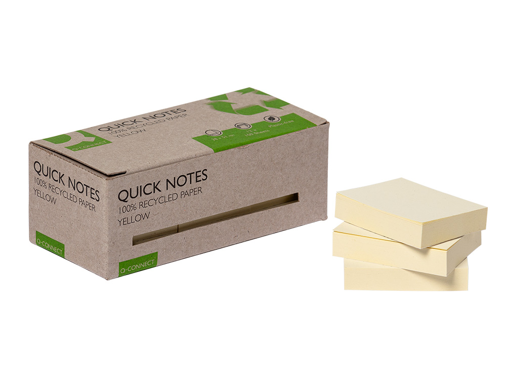 Bloco de notas adesivas q-connect 38x51 mm 100% papel reciclado amarelo caixa de cartao (12 unidades) ( Imagem 4 de 8 ) - Preview
