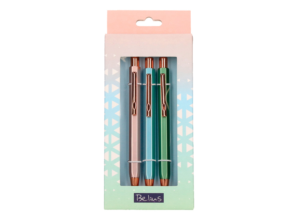 Esferografica belius brela corpo hexagonal com clip 3 esferograficas cores pastel sortidas em caixa de oferta ( Imagem 2 de 8 ) - Preview