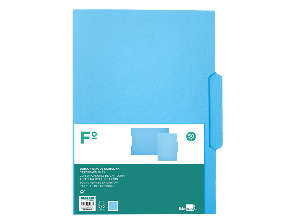 Classificador liderpapel em cartolina folio pestana central 240g/m2 azul (50 unidades) ( Imagem 2 de 16 ) - Preview