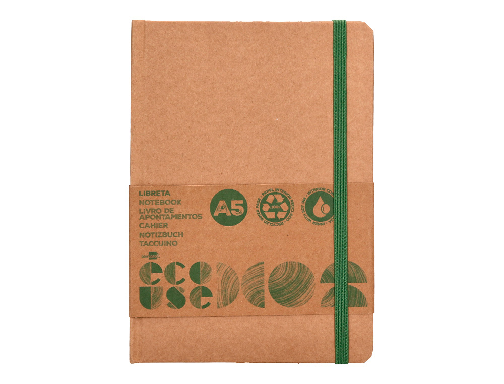 Caderno agrafado liderpapel ecouse 100% reciclado a5 96 folhas 70g/m2 pautado com elastico e marcador paginas ( Imagem 2 de 8 ) - Preview