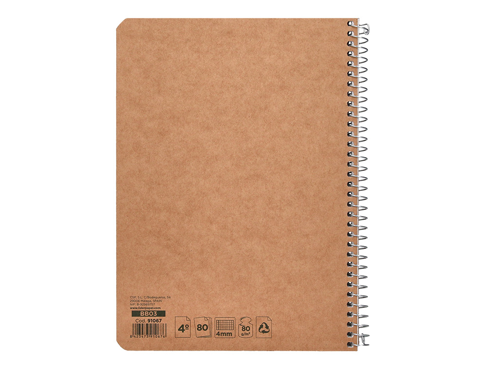 Bloc espiral liderpapel cuarto ecouse tapa cartulina kraft 80 hojas papel reciclado 60 gr cuadro 4 mm. ( Imagem 5 de 29 ) - Preview