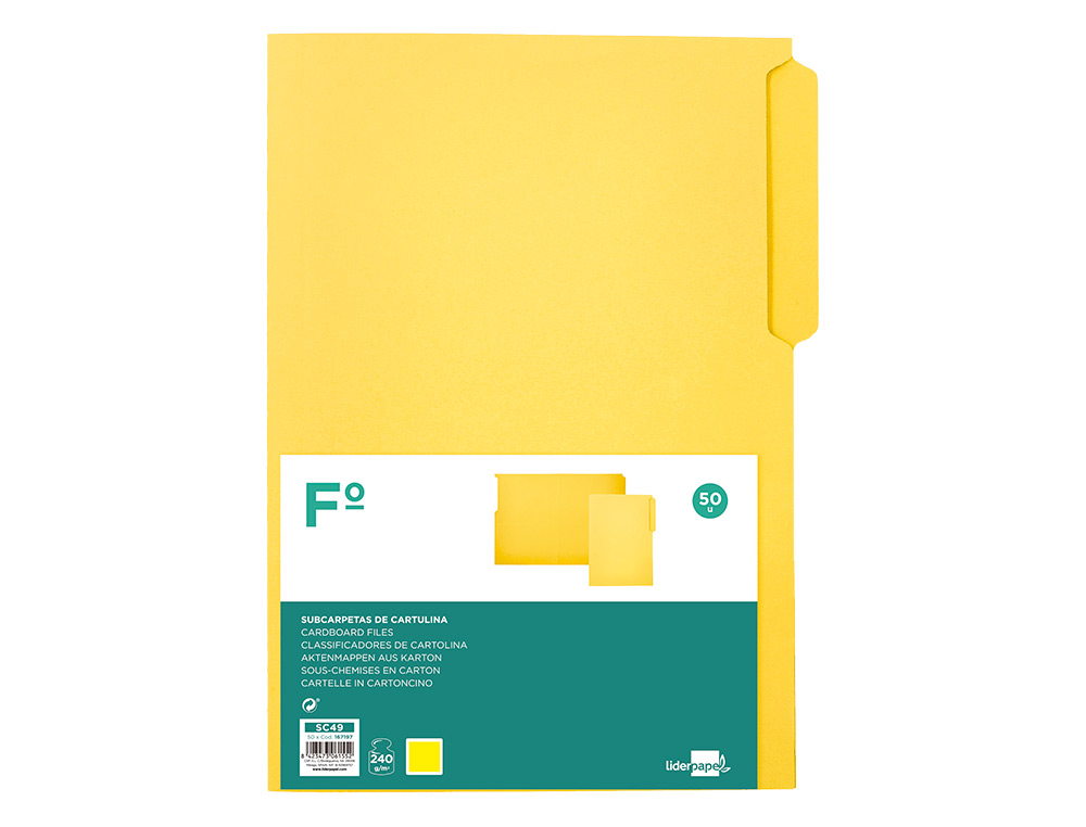 Classificador cartolina liderpapel folio pestana inferior 240g/m2 amarelo (50 unidades) ( Imagem 2 de 18 ) - Preview