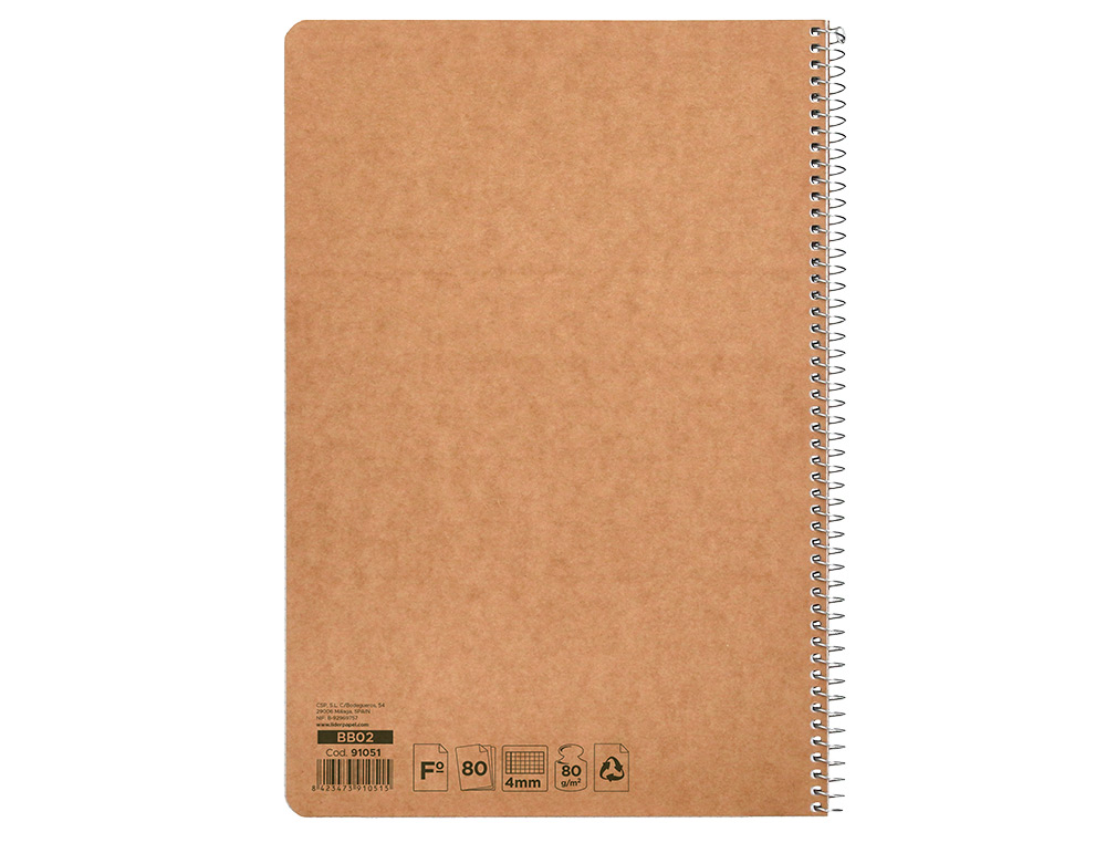 Bloc espiral liderpapel folio ecouse tapa cartulina kraft 80 hojas papel reciclado 60 gr cuadro 4 mm. con margen ( Imagem 4 de 20 ) - Preview