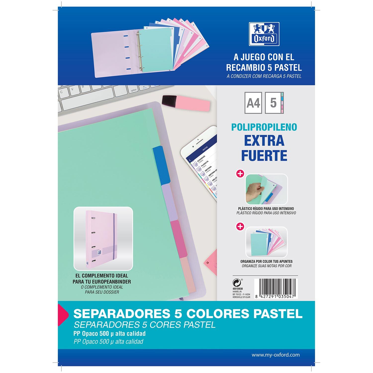 Separadores de Plástico Oxford 500 mc Cores Pastel - 5 Separadores ( Imagem 3 de 3 ) - Preview