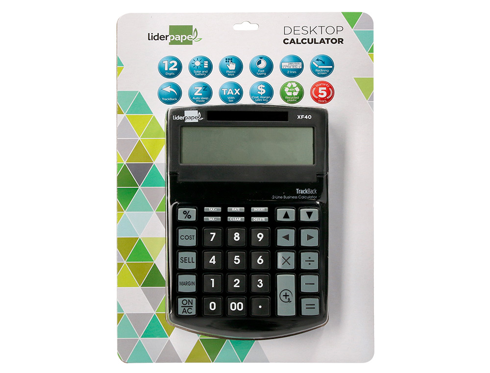 Calculadora liderpapel de secretaria xf40 12 digitos duas linhas solar e pilhas cor preto 175x120x30 mm 40% plastico rec ( Imagem 3 de 19 ) - Preview