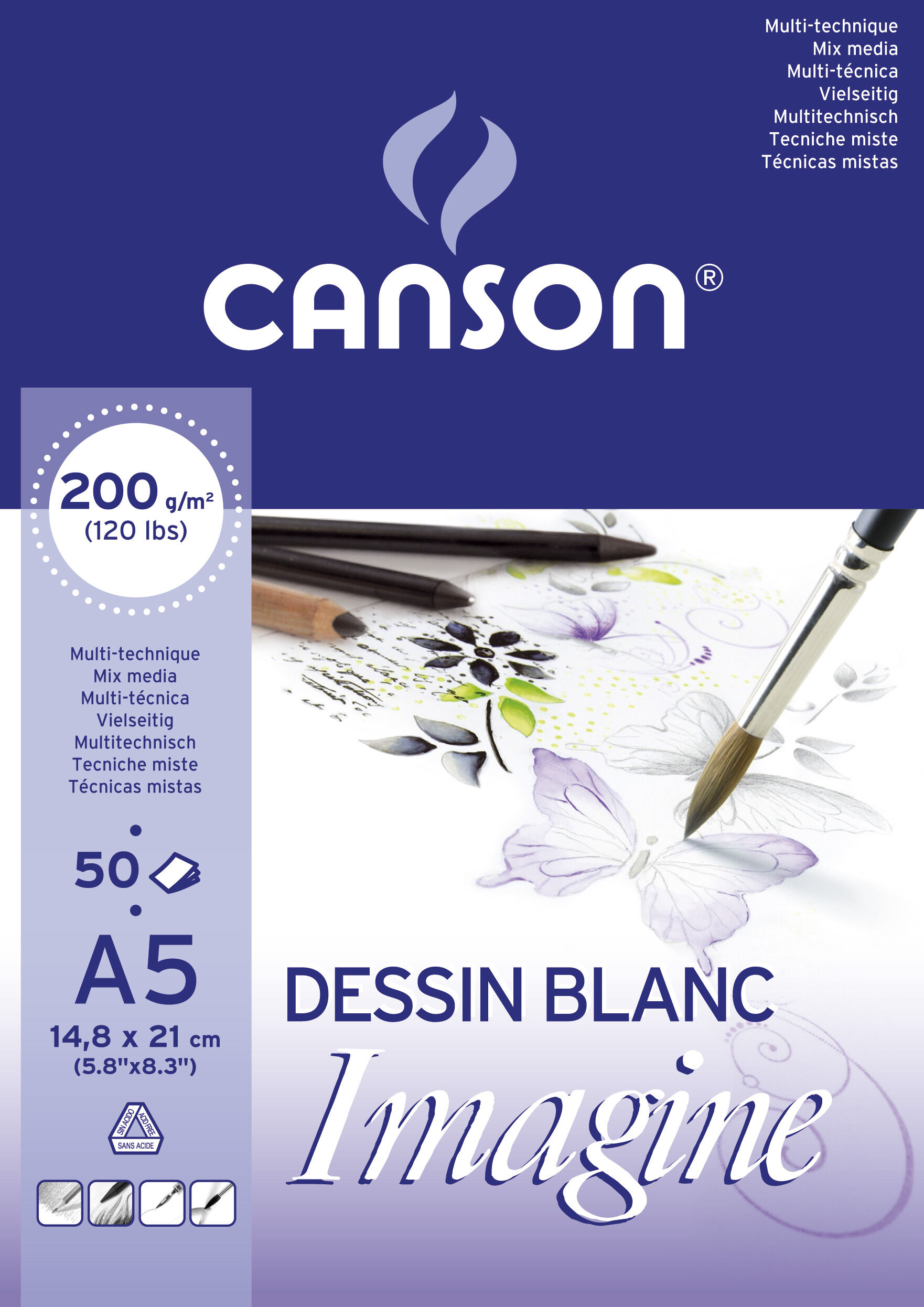Bloco de desenho multitecnicas canson imagine din a5 colado liso 14,8x21 cm 50 folhas 200 gr ( Imagem 2 de 3 ) - Preview