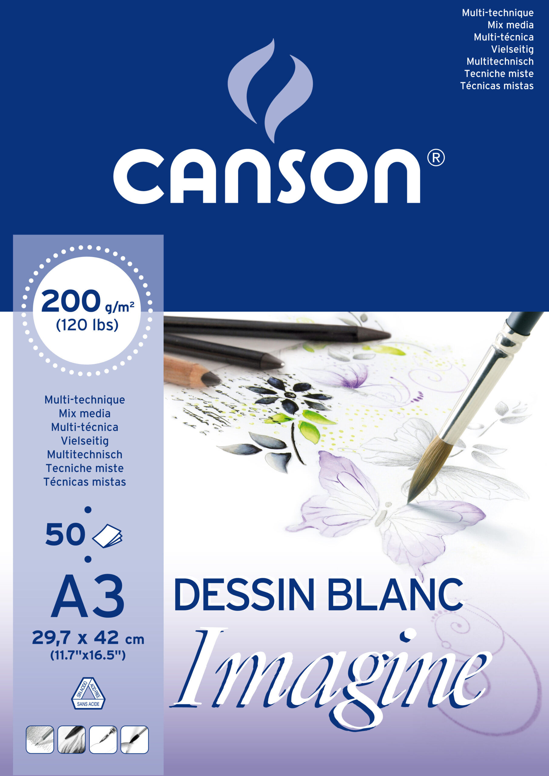 Bloco de desenho multitecnicas canson imagine din a3 colado liso 29,7x42 cm 50 folhas 200 gr ( Imagem 2 de 3 ) - Preview