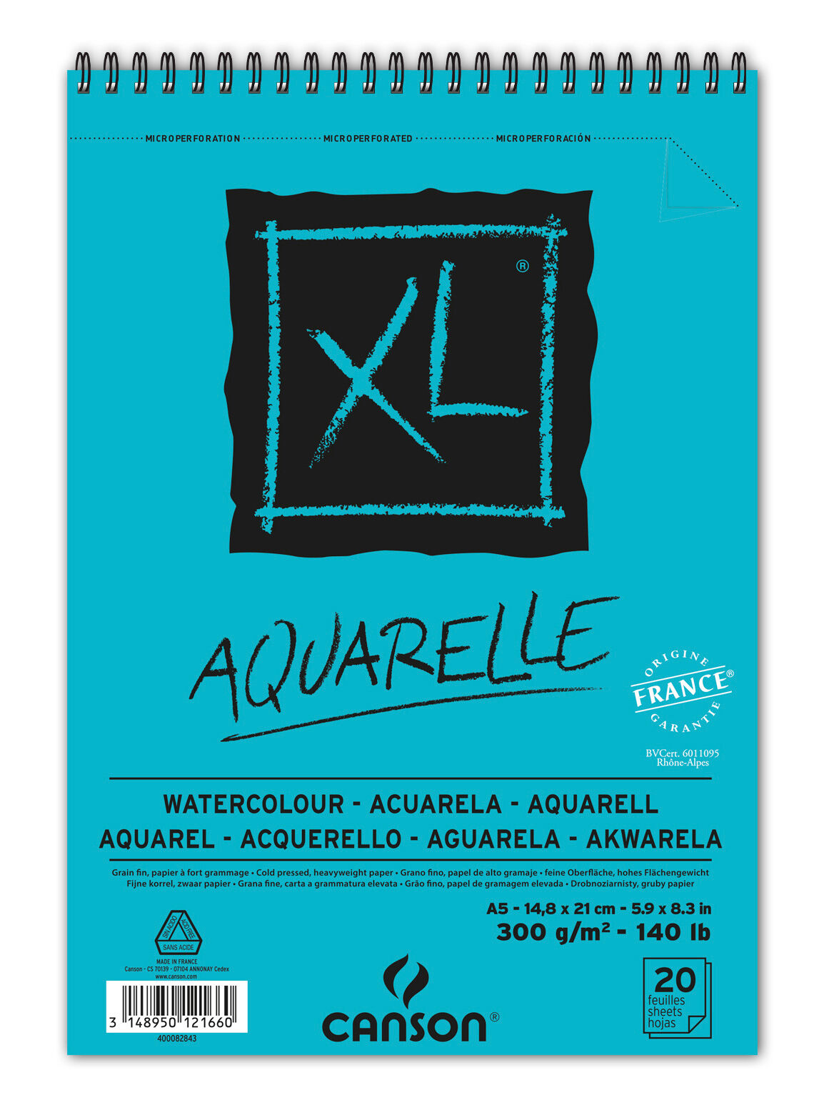 Bloco de desenho aguarela canson xl aquarelle grano fino din a6 microperfurado espiral 14,8x21 cm 20 folhas 300 gr ( Imagem 2 de 3 ) - Preview