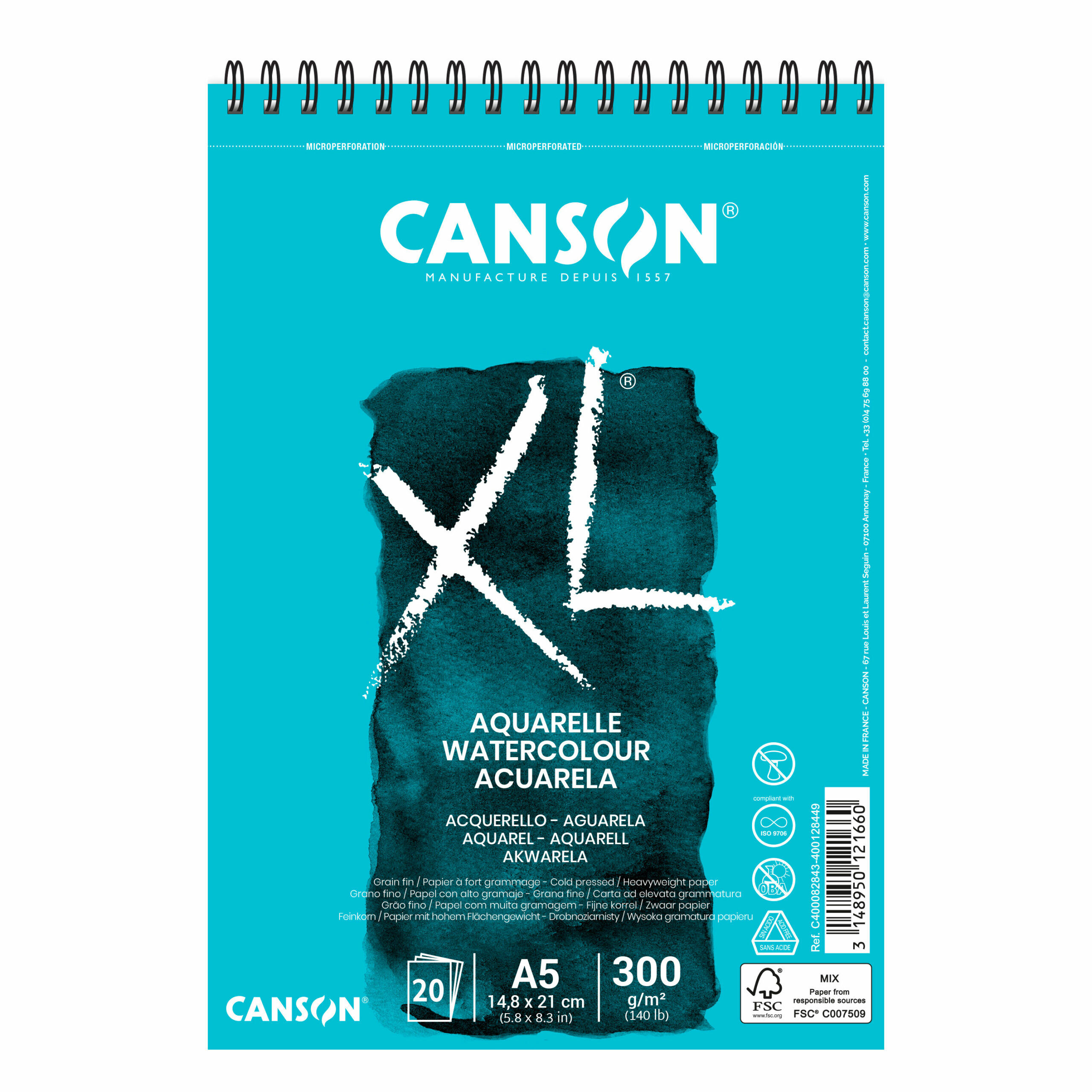 Bloco de desenho aguarela canson xl aquarelle grano fino din a6 microperfurado espiral 14,8x21 cm 20 folhas 300 gr ( Imagem 3 de 3 ) - Preview