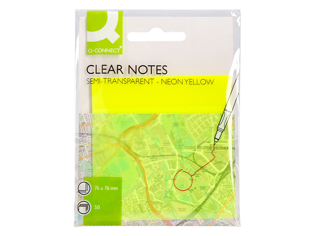 Bloco de notas adesivas q-connect removiveis plastico translucido amarelo neon com 50 folhas 76x76 mm ( Imagem 3 de 12 ) - Preview