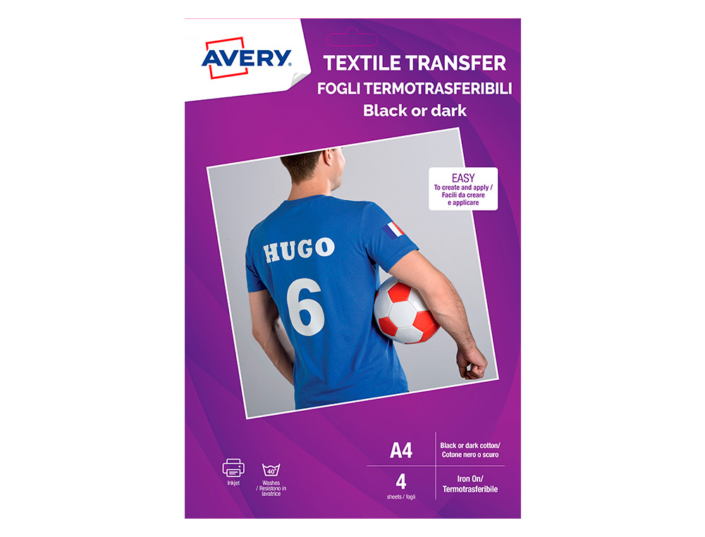 Papel transfer avery para camisetas algodon colores oscuros ink-jet din a4 pack de 4 hojas ( Imagem 2 de 5 ) - Preview