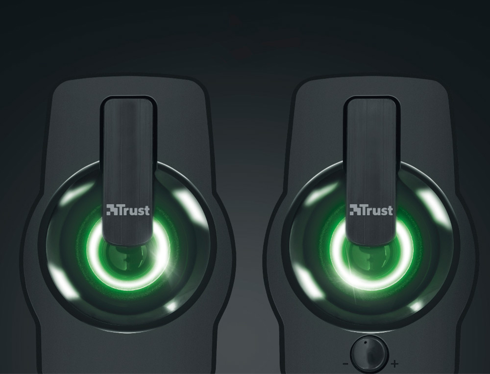 Trust Gemi 2.0 speakers, 12W maximum power, LED lighting, volume control, and USB headphone connection, black color. ( Imagem 2 de 4 ) - Preview