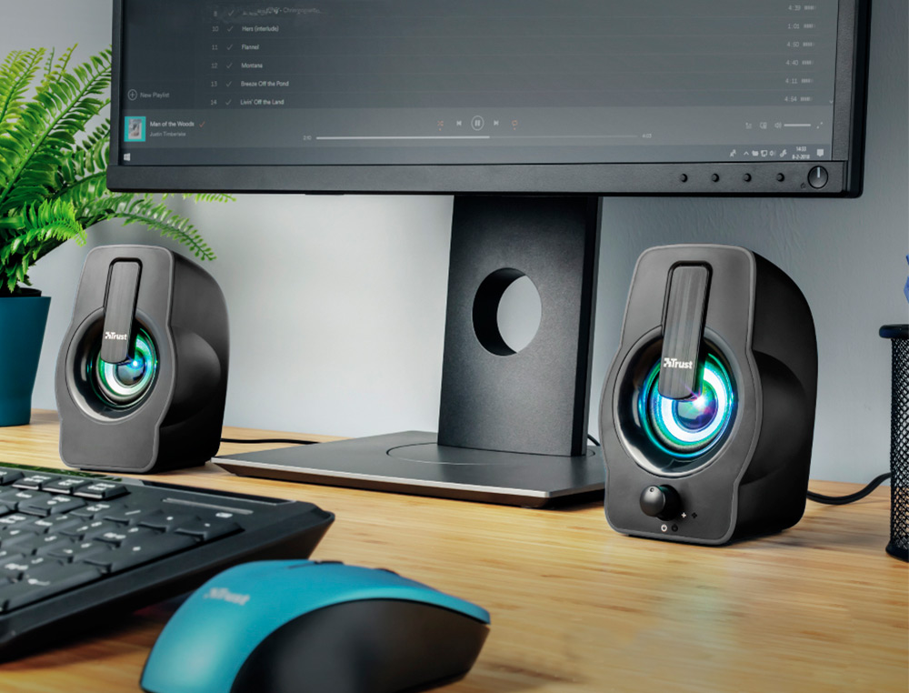 Trust Gemi 2.0 speakers, 12W maximum power, LED lighting, volume control, and USB headphone connection, black color. ( Imagem 3 de 4 ) - Preview
