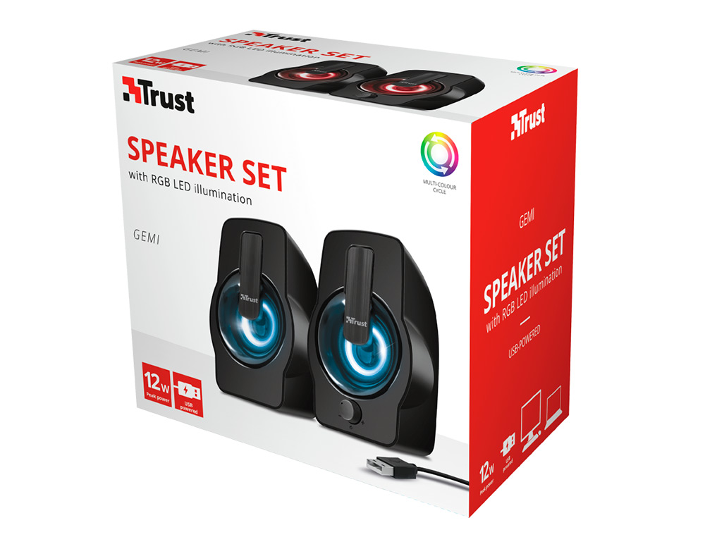 Trust Gemi 2.0 speakers, 12W maximum power, LED lighting, volume control, and USB headphone connection, black color. ( Imagem 4 de 4 ) - Preview