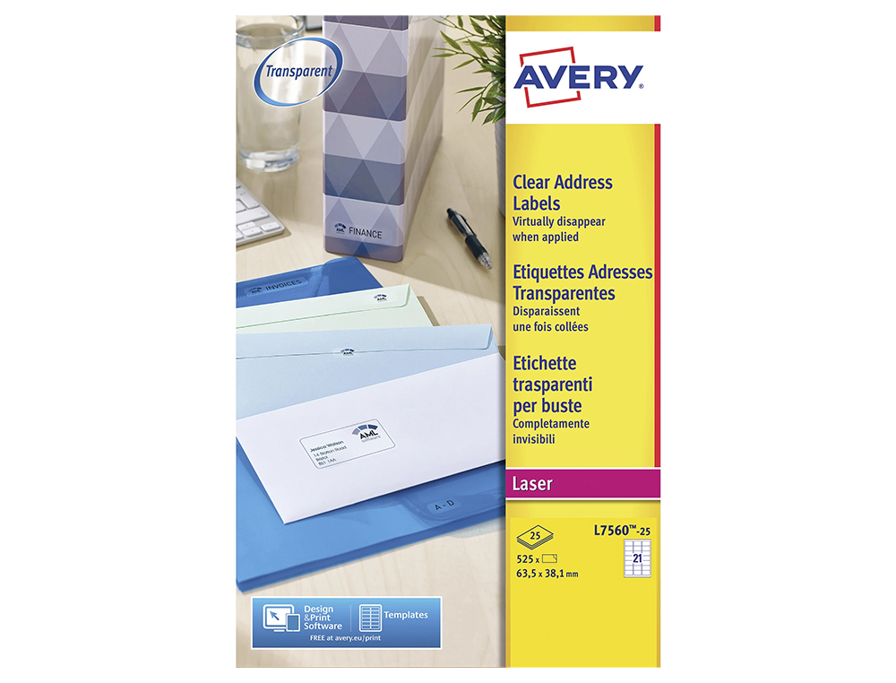 Etiquetas adesivas avery din a4 imprimiveis transparente 38,1x21,2 mm caixa de 25 folhas com 1625 etiquetas ( Imagem 2 de 10 ) - Preview
