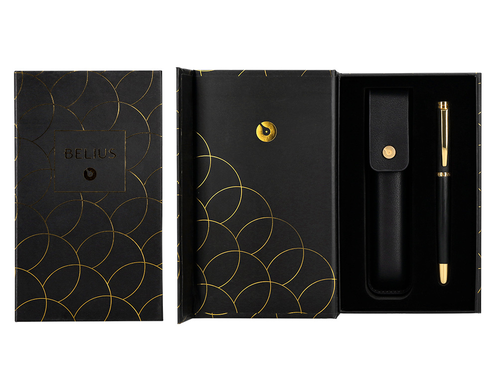 Caneta e estojo couro belius passion dor aluminio escovado preto dourado tinta azul caixa de oferta ( Imagem 5 de 25 ) - Preview