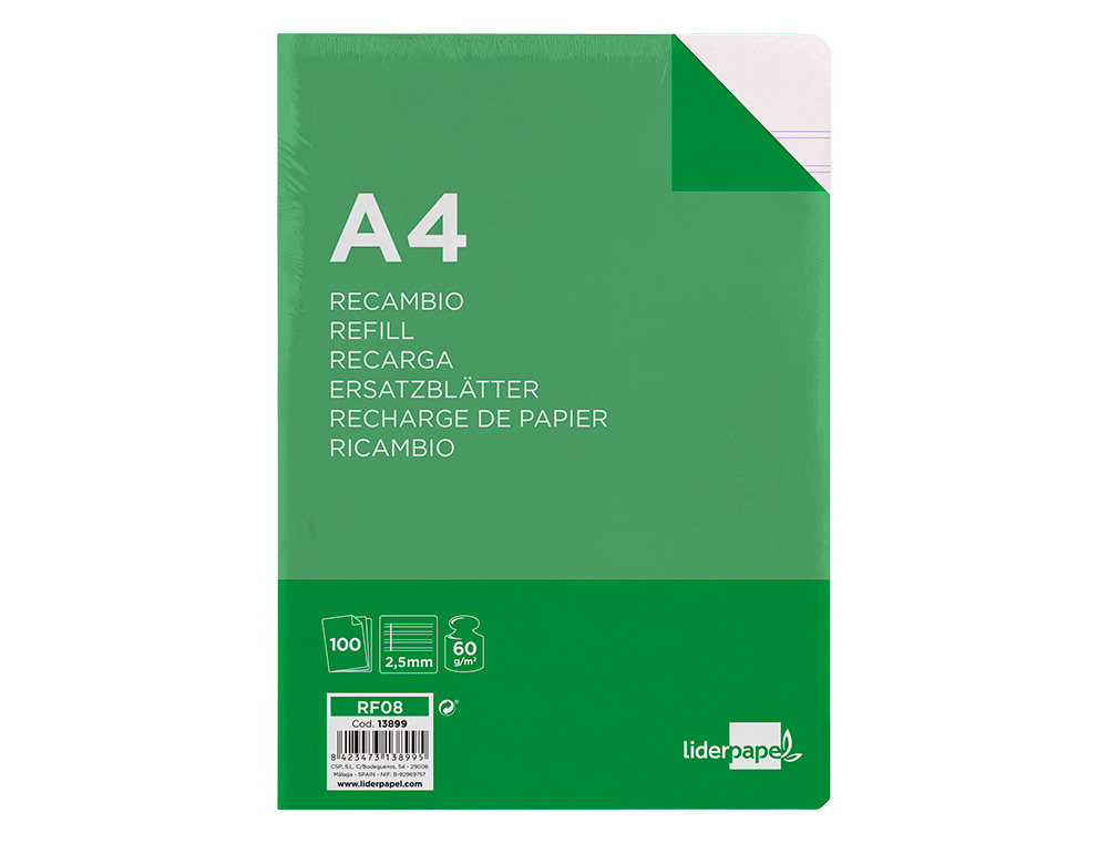 Recarga liderpapel folio 100 f 4tf-03 2 rayas pauta estrecha 4 furos com margem ( Imagem 3 de 19 ) - Preview