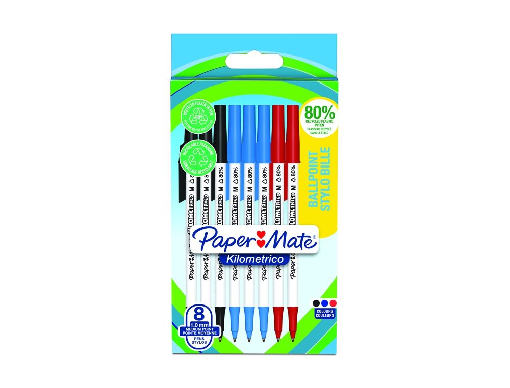 Esferografica paper mate kilometrica ponta 1 mm plastico reciclado 80% blister de 3 pretas / 3 azuis / 2 vermelhas ( Imagem 2 de 9 ) - Preview