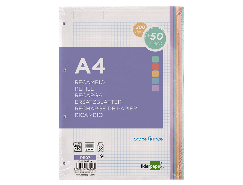 Recarga liderpapel a4 200+50 folhas 90 gr quadricula 5 mm 4 furos bandas de 5 cores ( Imagem 3 de 15 ) - Preview