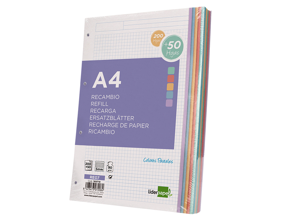 Recarga liderpapel a4 200+50 folhas 90 gr quadricula 5 mm 4 furos bandas de 5 cores ( Imagem 4 de 15 ) - Preview