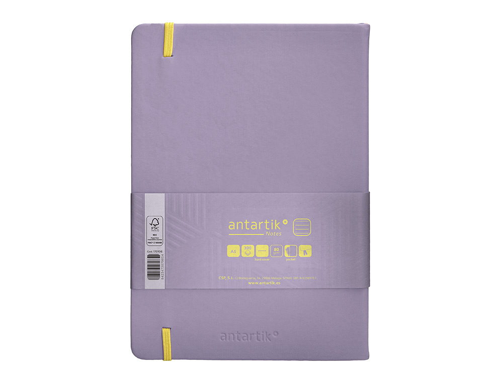 Caderno com elastico antartik capa dura a5 folhas linhas roxo e amarelo 100 folhas 80 gr fsc ( Imagem 3 de 11 ) - Preview