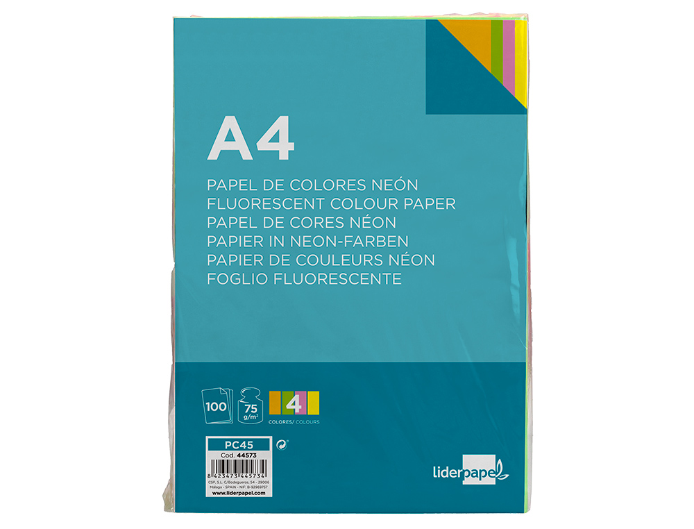 Papel de Cor Liderpapel Din S4 75 gr Pack de 100 Quatro Cores Néon Sortidas ( Imagem 4 de 14 ) - Preview